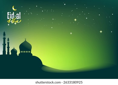Eid al Adha greeting card or background or poster and banner with a green and yellow gradient, featuring a mosque under a starry night sky. Abstract Islamic greeting banner with glowing tones