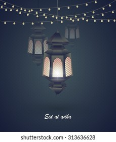Eid al adha. Greeting card template on Eid Al-Fitr muslim religious holiday with lanterns on blurred lights background. Mosque for Islamic holy month of prayer, Ramadan Kareem celebration
