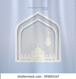 Eid al adha. Greeting card template on Eid Al-Fitr muslim religious holiday with lanterns on blurred lights background. Mosque for Islamic holy month of prayer, Ramadan Kareem celebration