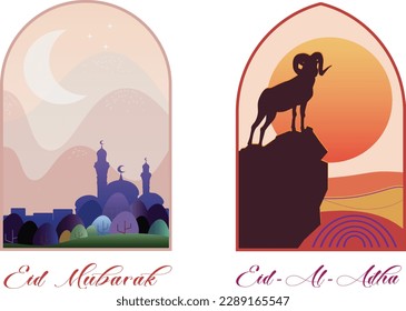 Eid Al Adha greeting cards, with ram, mosque, moon, crescent. landscape, sunset and arches framed in Islamic style windows