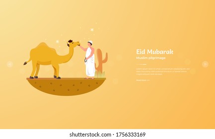 Eid al Adha greeting concept with muslims and camels character