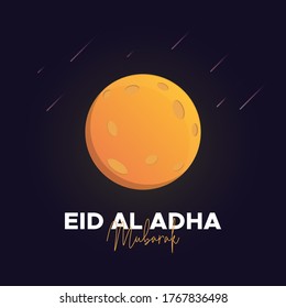 Eid Al Adha greeting in night sky. Shiny moon with lettering. Muslim celebration poster illustration.