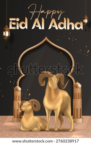 Eid Al Adha Greeting Poster with Golden Goat and Mosque Arch Islamic Festival Banner Design