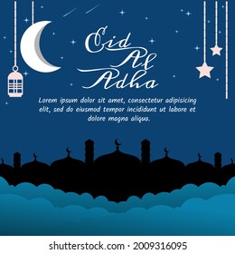 Eid Al Adha greeting for social media posts with lantern, moon ,stars and mosque decorative background. Elegant design illustration. Social media.