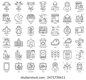 Eid Al Adha and Hajj Icon Pack in Dashed Line Style Suitable for Web and Apps icon, Poster, or Social Media Purpose
