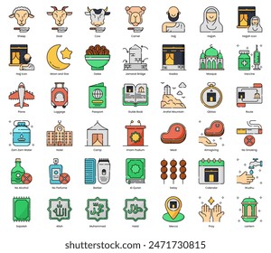 Eid Al Adha and Hajj Icon Pack in Lineal Color Style Suitable for Web and Apps icon, Poster, or Social Media Purpose