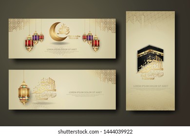 Eid Al Adha and Hajj Mabrour calligraphy islamic, set banner template with hand drawn kaaba, crescent moon, traditional lantern and mosque pattern texture islamic background