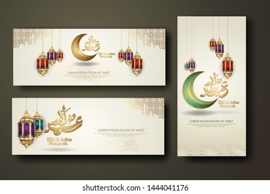 Eid Al Adha and Hajj Mabrour calligraphy islamic, set banner template with hand drawn kaaba, crescent moon, traditional lantern and mosque pattern texture islamic background