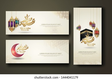 Eid Al Adha and Hajj Mabrour calligraphy islamic, set banner template with hand drawn kaaba, crescent moon, traditional lantern and mosque pattern texture islamic background