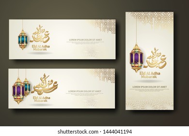 Eid Al Adha and Hajj Mabrour calligraphy islamic, set banner template with hand drawn kaaba, crescent moon, traditional lantern and mosque pattern texture islamic background