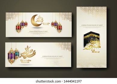 Eid Al Adha and Hajj Mabrour calligraphy islamic, set banner template with hand drawn kaaba, crescent moon, traditional lantern and mosque pattern texture islamic background