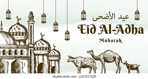eid al adha, handgezeichnet mit Moschee, Kamel, Kuh und Ziege