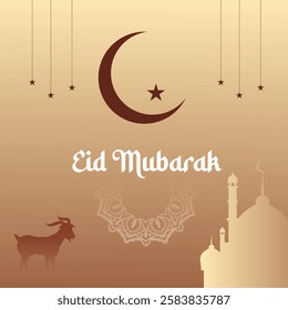 Eid Al Adha hand lettering. Eid Mubarak. Muslim holiday card with cute goat, moon and lantern. Vector illustration.