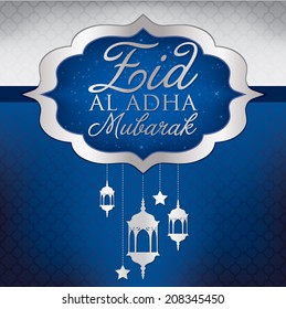 Eid Al Adha hanging lantern and stars card in vector format.