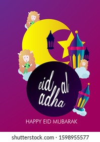 eid al adha and happy eid mubarak is mean muslim event or holiday with sheep or lamb illustration, vector beautiful greeting card or gift card with eps 10 format.