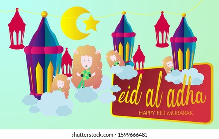 eid al adha and happy eid mubarak is mean muslim event or holiday with sheep or lamb illustration, vector beautiful greeting card or gift card with eps 10 format.