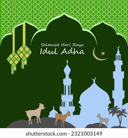 Eid Al Adha. feliz diseño de ilustración vectorial de Eid Al Adha sobre fondo verde oscuro, traducción: Feliz Eid Al Adha. Para banners, volantes, afiches, portadas y más