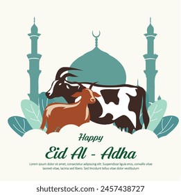 Eid al Adha holiday greeting poster, with illustrations of sacrificial animals