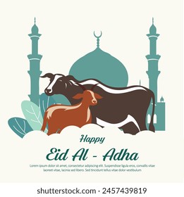 Eid al Adha holiday greeting poster, with illustrations of sacrificial animals