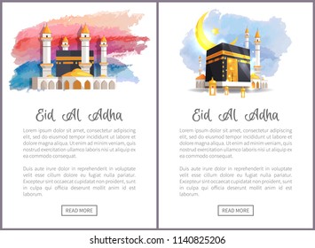 Eid Al Adha holiday Internet promo with holy place. Important religious event for muslim world commercial pages templates vector illustrations set.