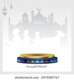 Eid al Adha holiday. Podium stage, goat, mosque and ilamic prayer background.