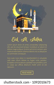 Eid Al Adha holiday promo on web page in night mode. Mosque of black with gold colors under shiny young moon and star cartoon vector illustration.