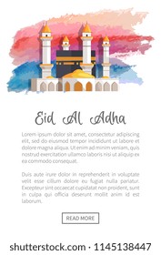 Eid Al Adha holiday promotion with black mosque among white towers. Holy sacred place for muslims on festive web page template vector illustration.