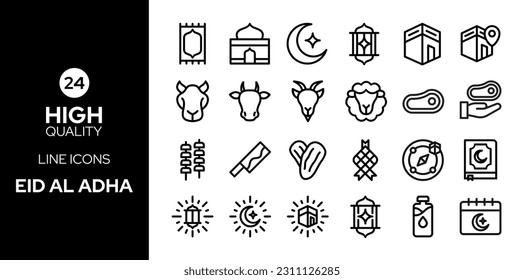 eid al adha icon set. eid al adha set icons such as cow goat sheep quran kaaba and others