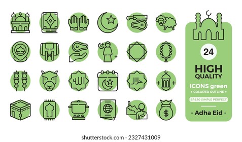 Eid Al Adha Icon Set (grüne Farbumriss). Die Kollektion umfasst Webdesign, Anwendungsdesign, UI-Design, Eid Al Adha, Eid al Fitr und andere.
