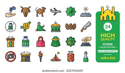 Eid Al Adha icon set ( filled outline). The collection includes web design, application design, UI design, during Eid Al Adha, Eid al Fitr, and others.