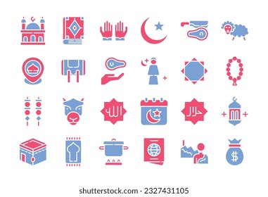 Eid Al Adha Icon Set (flach). Die Kollektion umfasst Webdesign, Anwendungsdesign, UI-Design, Eid Al Adha, Eid al Fitr und andere.