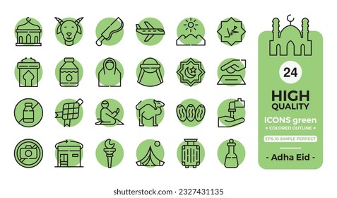 Conjunto de iconos de Eid Al Adha (contorno de color verde). La colección incluye diseño web, diseño de aplicaciones, diseño de interfaz de usuario, durante Eid Al Adha, Eid al Fitr y otros.
