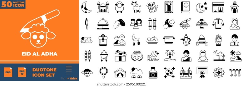 Eid Al Adha icon set. Containing calendar, goat, hajj, card,and more. Duotone vector icons collection.