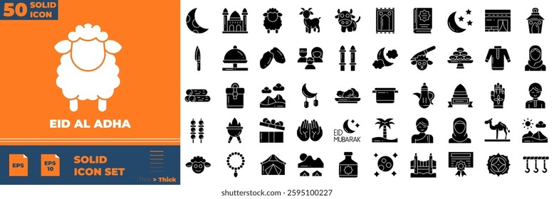 Eid Al Adha icon set. Containing calendar, goat, hajj, card,and more. Solid vector icons collection.