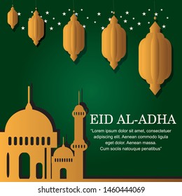 Eid Al Adha illustration. Mosque and a lantern on a green background