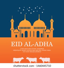 Eid Al Adha illustration. Mosque and a lantern on a blue background