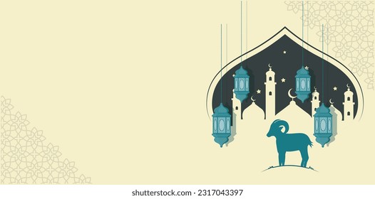 eid al adha illustration with mosque silhouette, sheeps , clouds, and islamic ornaments, vector illustration