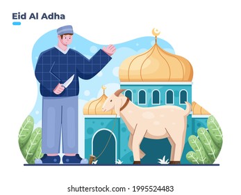 Eid Al adha illustration with muslim person ready to sacrifice the sacrificial animal at front of the mosque. Eid al adha sacrifice festival and Islamic religious tradition. 