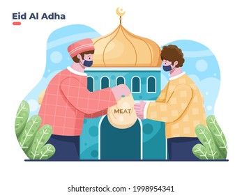 Eid Al Adha illustration with Muslim person giving alms or a plastic bag containing sacrificial meat to the poor or the underprivileged. Give charity to the other person to celebrate eid al adha.