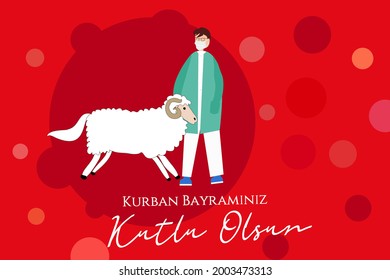 Eid al adha (in Turkish: Kurban Bayramı) celebration card with a sheep and Health employee like doctor or nurse with mask.