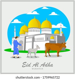 Eid al adha islamic day greeting card with mosque background. In Indonesia call Selamat Idul Adha