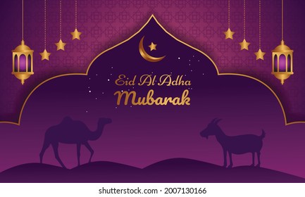 Eid Al Adha Islamic Festival Greetings With Cresent Moon, Lanterns, Stars, Camel, Goat, Eid Al Adha Mubarak Background Design Template