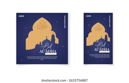 Eid al Adha Islamic festival social media post template with Islamic pattern, mosque, lamp vector
