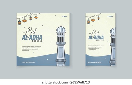 Eid al Adha, Islamic festival social media post template with Islamic pattern, mosque, lamp vector