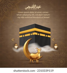 Eid al adha islamic greeting card with goat and kaaba , poster, banner design, vector illustration 