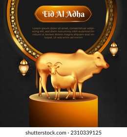 Eid al adha islamic greeting card with goat and cow , poster, banner design, vector illustration 