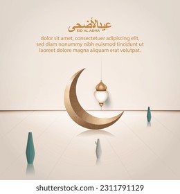 Eid al adha islamic greeting card with crescent moon poster, banner design, vector illustration 