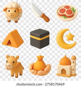 Eid al Adha or Islamic and Hajj Elements Vector Icon Set | 3D icon set | a sheep, a knife, meat on a plate, a tent, the Kaaba, a crescent moon and star, a camel, obligatory, and a mosque