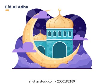Eid al adha and islamic new year muharram with moon and mosque flat illustration. Happy Eid al adha mubarak and islamic new year. Can be used for greeting card, invitation, banner, poster, postcards.