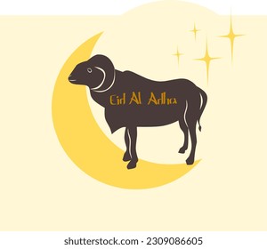 Eid al adha Islamic template celebration of Muslims. Eid Al Adha festival. Greeting card with sacrificial sheep and crescent moon. Eid Mubarak theme. Vector illustration.